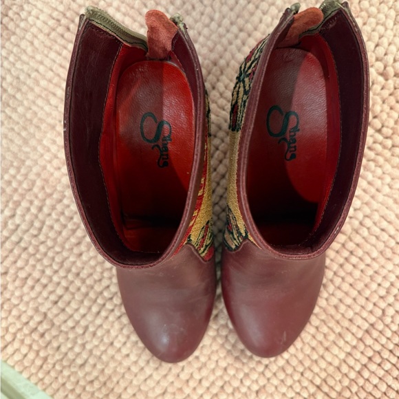 SHANS Amsterdam silk and leather ankle boots BOOTIES Burgundy and Cream - Picture 7 of 7